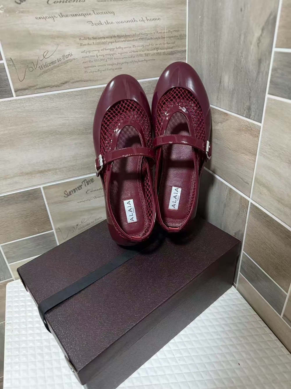 Alaia Burgundy Mesh Mary Jane Flats with Buckle